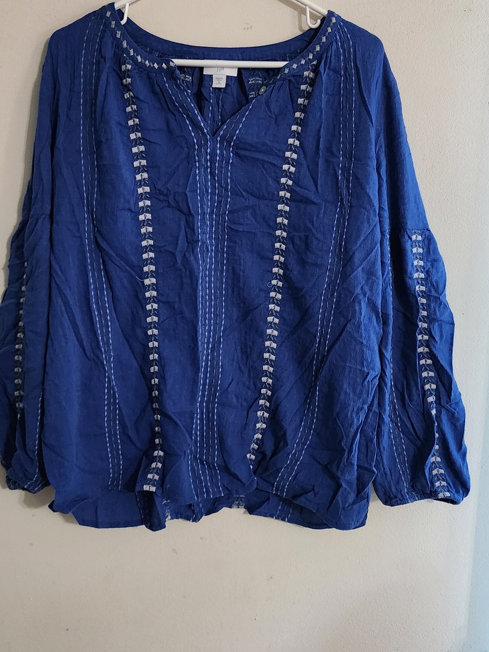 J.Jill Royal Blue Embroidered V-Neck Long Sleeve Blouse M Petite